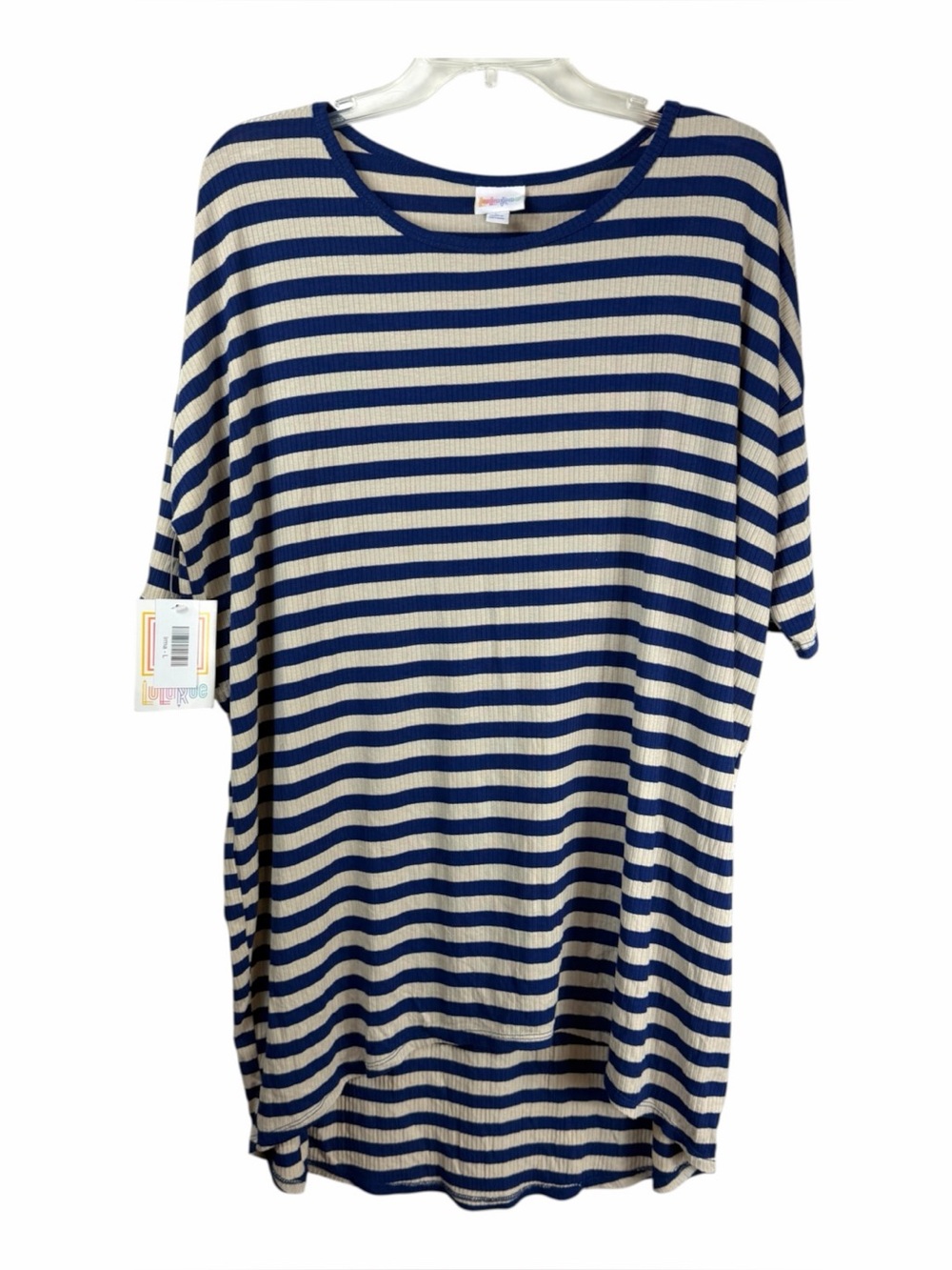 NWT LULAROE Irma Blue Tan Striped Long Pullover Top Womens Size L
